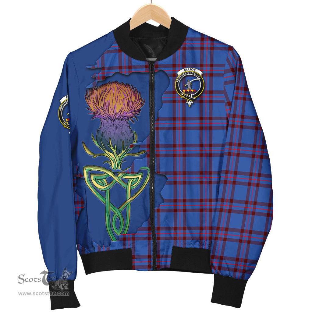 Scottish Elliot Modern Tartan Family Crest with Thistle and Scotland Map Tartan Plaid Bomber Jacket Scottish Plaid Tartan Plaid - ScotsTee - scotstee.com