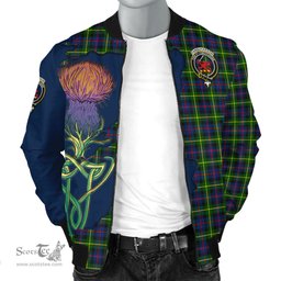 Scottish Farquharson Modern Tartan Family Crest with Thistle and Scotland Map Tartan Plaid Bomber Jacket Scottish Plaid Tartan Plaid - ScotsTee - scotstee.com