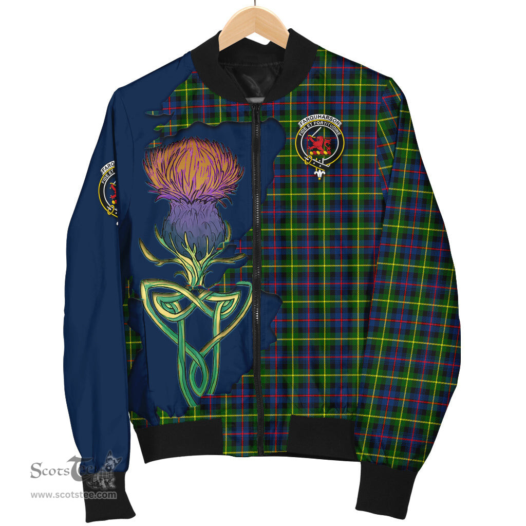 Scottish Farquharson Modern Tartan Family Crest with Thistle and Scotland Map Tartan Plaid Bomber Jacket Scottish Plaid Tartan Plaid - ScotsTee - scotstee.com