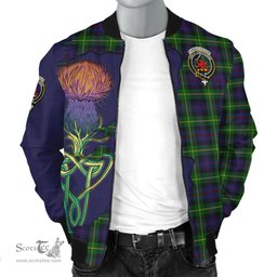 Scottish Farquharson Tartan Family Crest with Thistle and Scotland Map Tartan Plaid Bomber Jacket Scottish Plaid Tartan Plaid - ScotsTee - scotstee.com