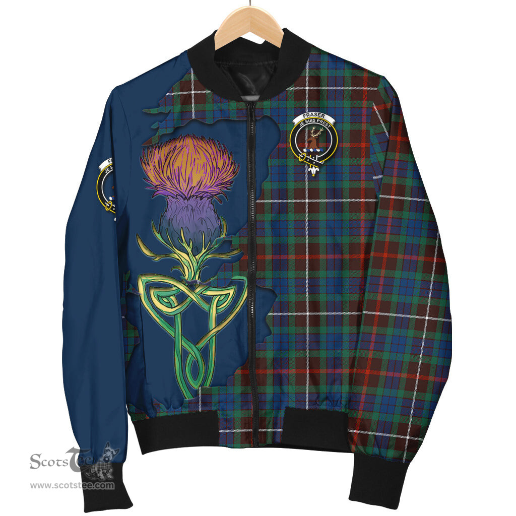 Scottish Fraser Hunting Ancient Tartan Family Crest with Thistle and Scotland Map Tartan Plaid Bomber Jacket Scottish Plaid Tartan Plaid - ScotsTee - scotstee.com
