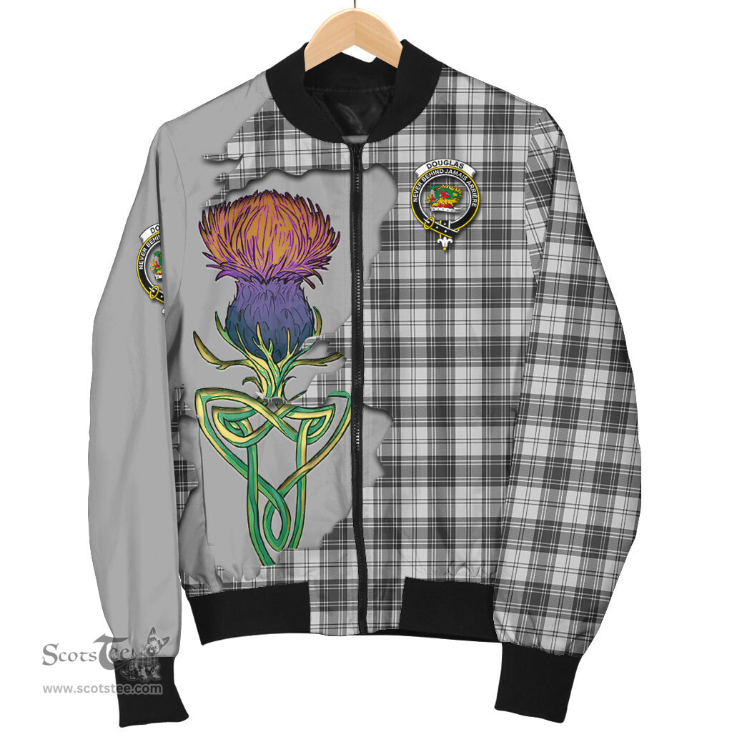 Scottish Douglas Grey Modern Tartan Family Crest with Thistle and Scotland Map Tartan Plaid Bomber Jacket Scottish Plaid Tartan Plaid - ScotsTee - scotstee.com