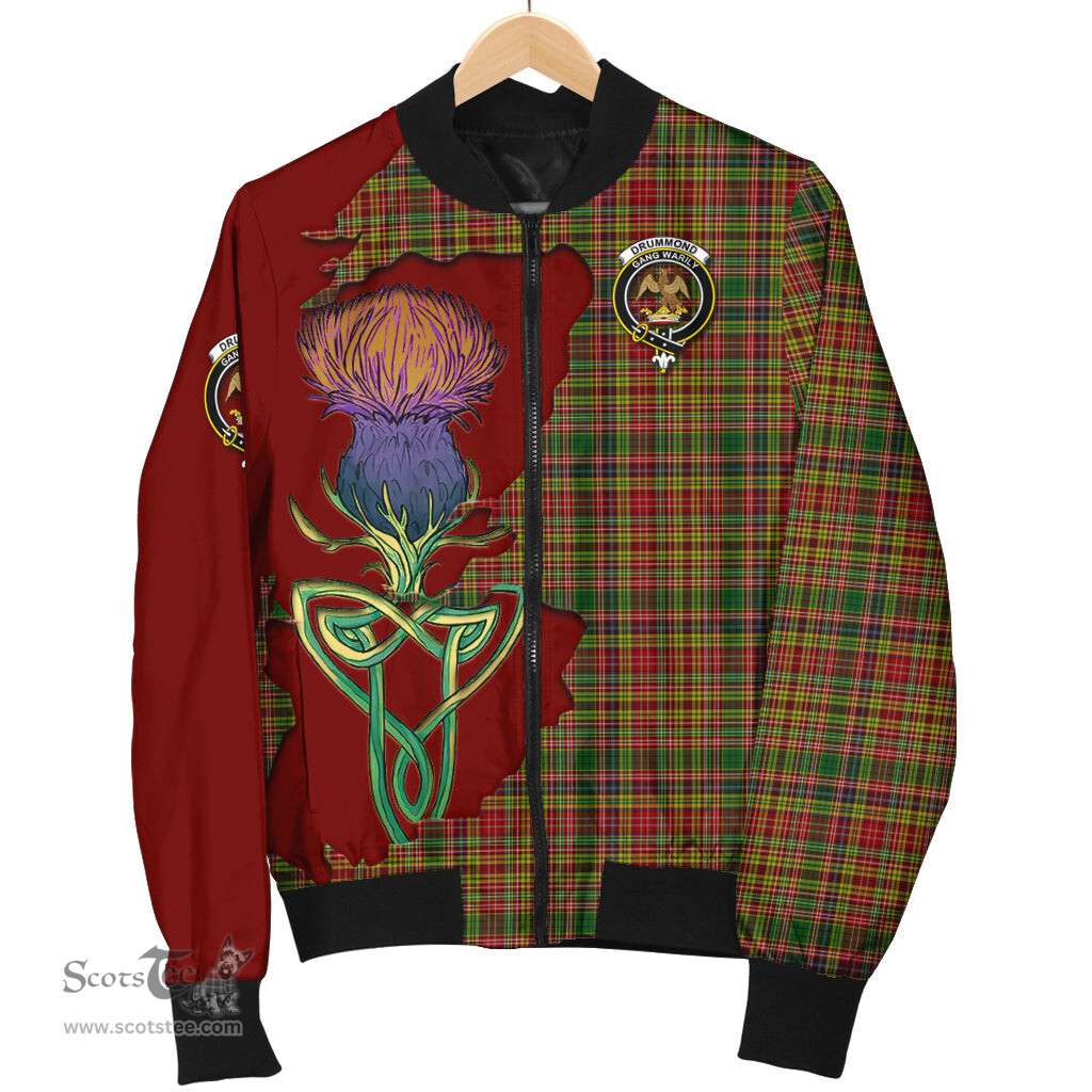 Scottish Drummond of Strathallan Tartan Family Crest with Thistle and Scotland Map Tartan Plaid Bomber Jacket Scottish Plaid Tartan Plaid - ScotsTee - scotstee.com