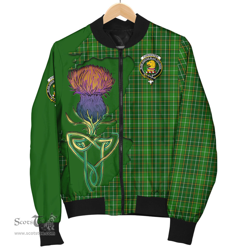 Scottish Forrester or Foster Hunting Tartan Family Crest with Thistle and Scotland Map Tartan Plaid Bomber Jacket Scottish Plaid Tartan Plaid - ScotsTee - scotstee.com