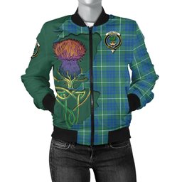 Scottish Hamilton Hunting Ancient Tartan Family Crest with Thistle and Scotland Map Tartan Plaid Bomber Jacket Scottish Plaid Tartan Plaid - ScotsTee - scotstee.com