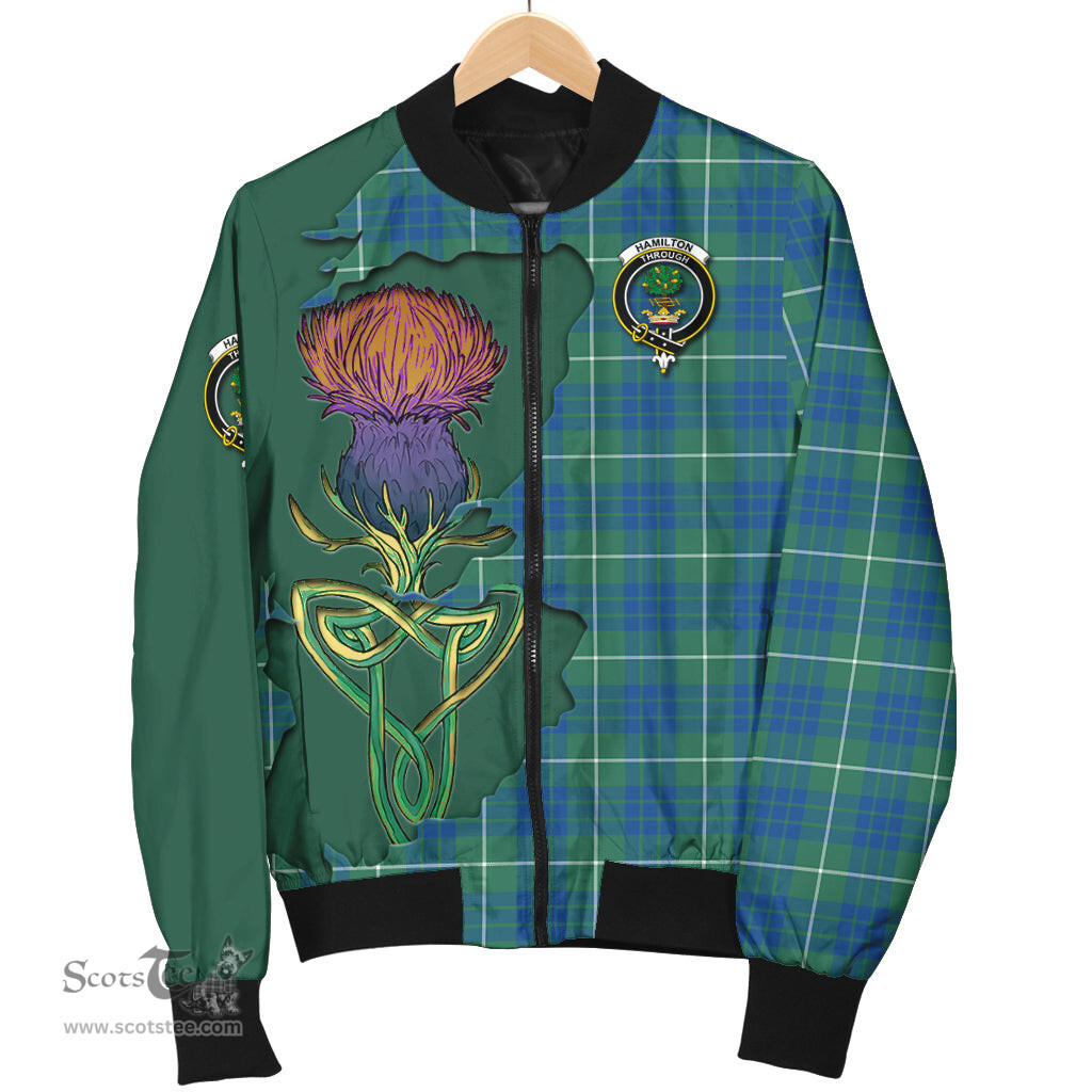 Scottish Hamilton Hunting Ancient Tartan Family Crest with Thistle and Scotland Map Tartan Plaid Bomber Jacket Scottish Plaid Tartan Plaid - ScotsTee - scotstee.com