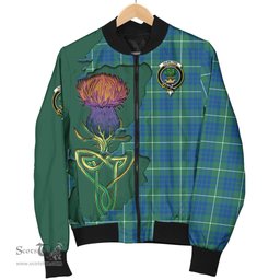 Scottish Hamilton Hunting Ancient Tartan Family Crest with Thistle and Scotland Map Tartan Plaid Bomber Jacket Scottish Plaid Tartan Plaid - ScotsTee - scotstee.com