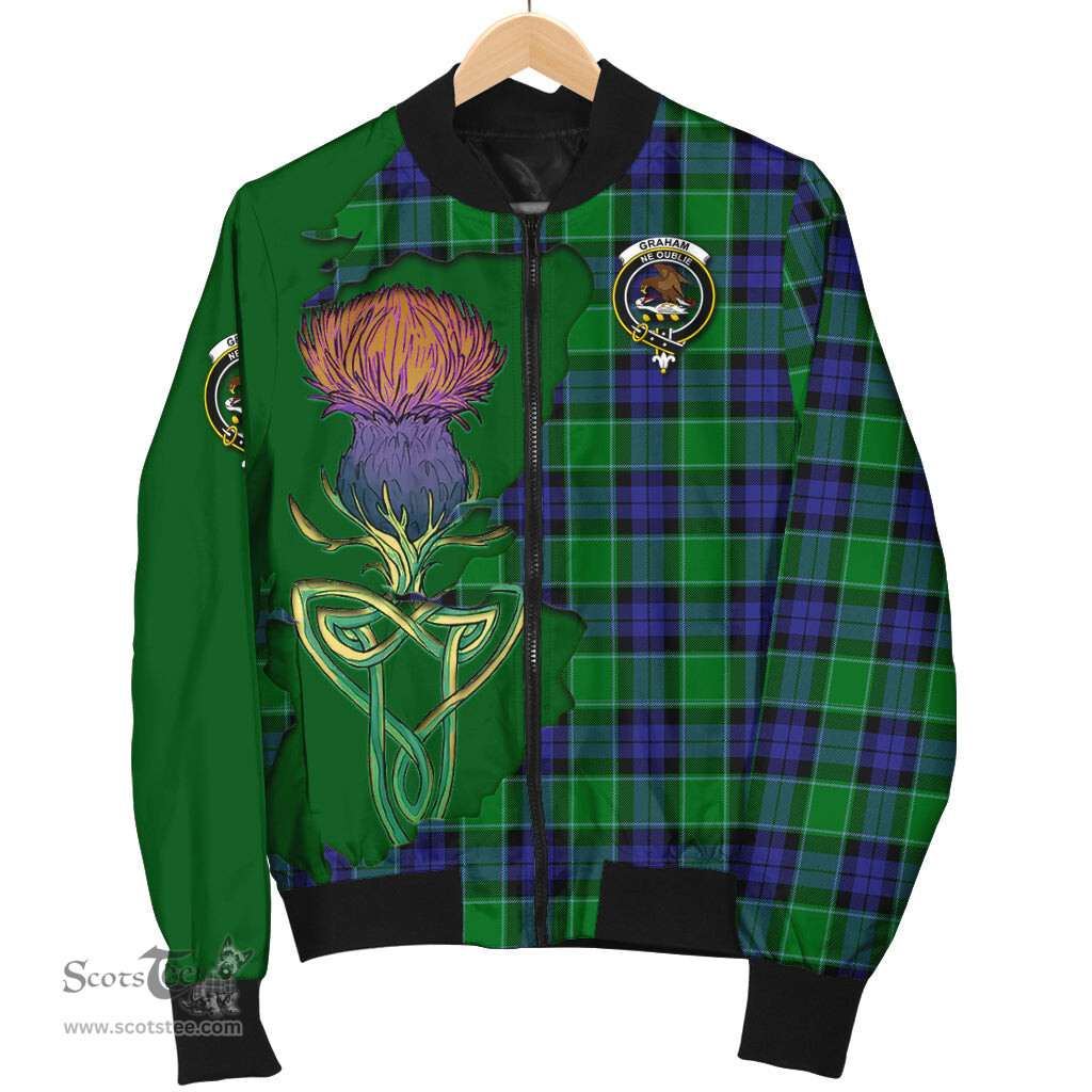 Scottish Graham of Menteith Modern Tartan Family Crest with Thistle and Scotland Map Tartan Plaid Bomber Jacket Scottish Plaid Tartan Plaid - ScotsTee - scotstee.com