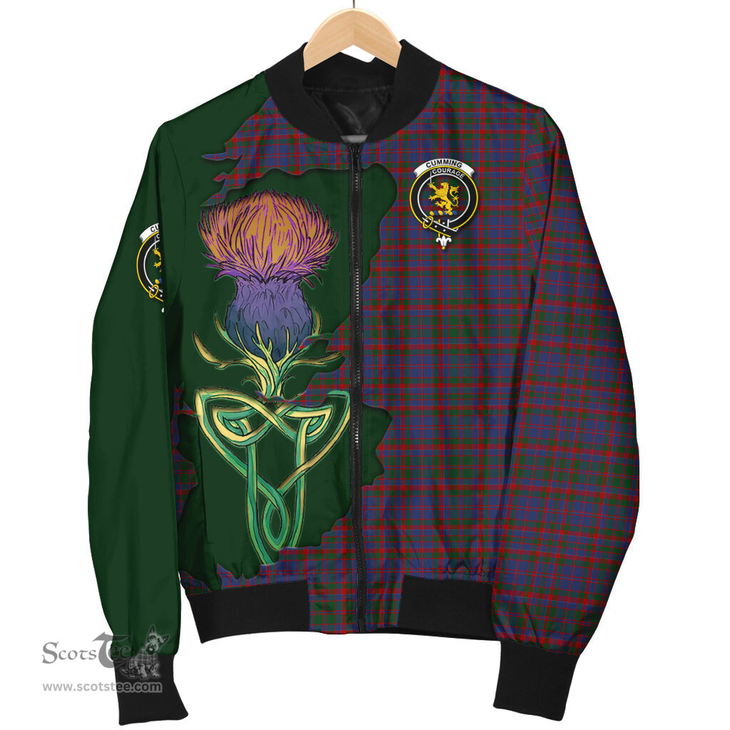 Scottish Cumming Tartan Family Crest with Thistle and Scotland Map Tartan Plaid Bomber Jacket Scottish Plaid Tartan Plaid - ScotsTee - scotstee.com