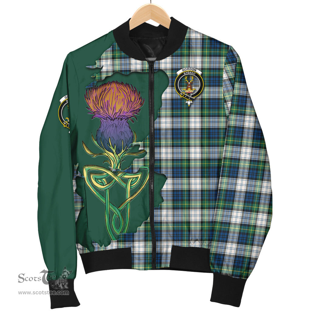 Scottish Gordon Dress Ancient Tartan Family Crest with Thistle and Scotland Map Tartan Plaid Bomber Jacket Scottish Plaid Tartan Plaid - ScotsTee - scotstee.com
