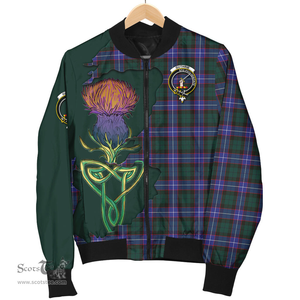 Scottish Guthrie Modern Tartan Family Crest with Thistle and Scotland Map Tartan Plaid Bomber Jacket Scottish Plaid Tartan Plaid - ScotsTee - scotstee.com
