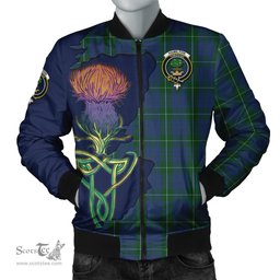 Scottish Hamilton Hunting Tartan Family Crest with Thistle and Scotland Map Tartan Plaid Bomber Jacket Scottish Plaid Tartan Plaid - ScotsTee - scotstee.com