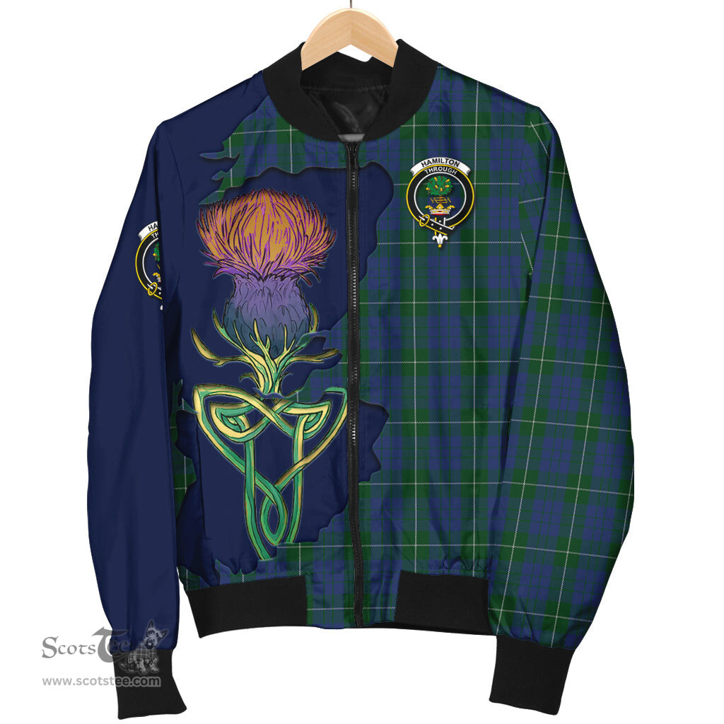 Scottish Hamilton Hunting Tartan Family Crest with Thistle and Scotland Map Tartan Plaid Bomber Jacket Scottish Plaid Tartan Plaid - ScotsTee - scotstee.com