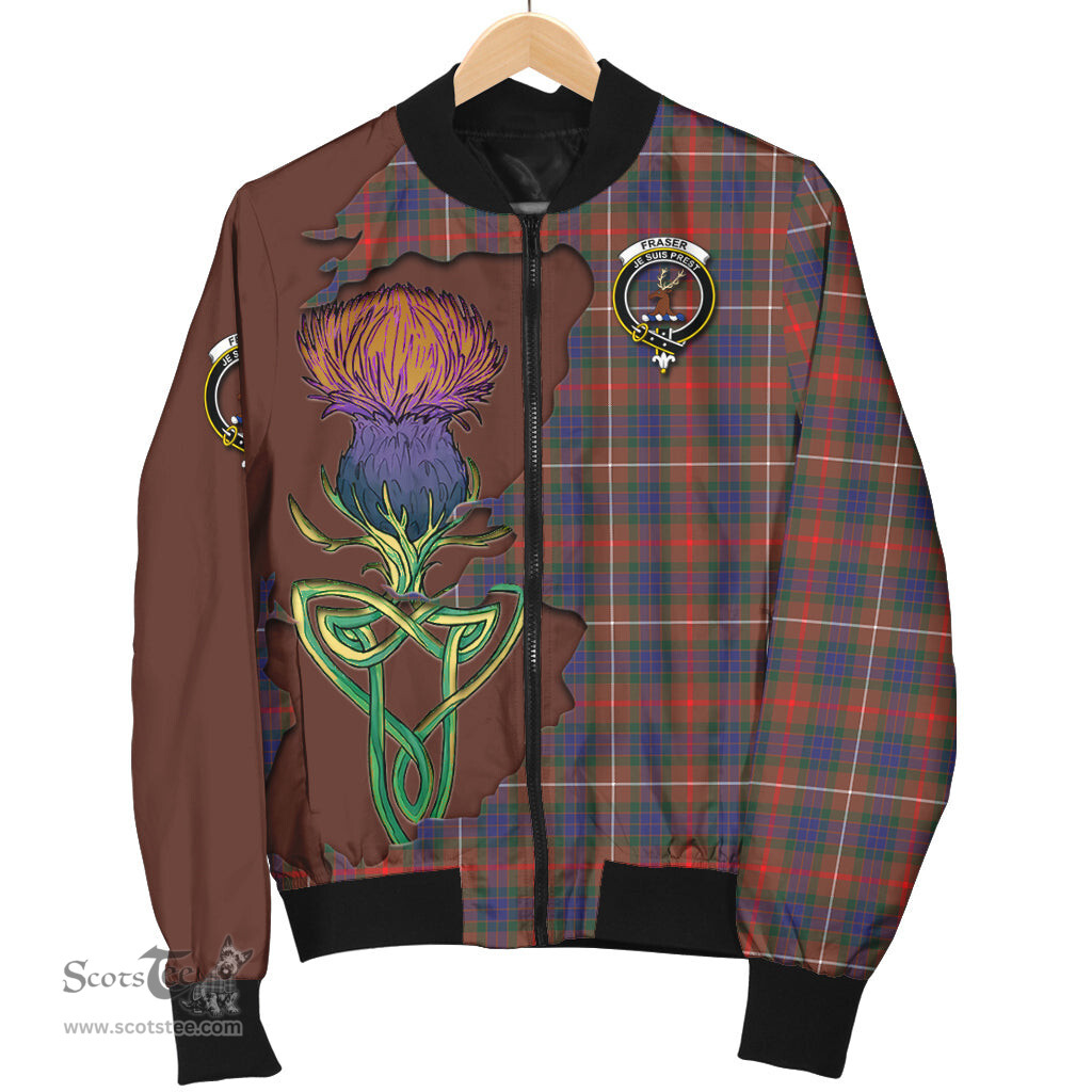 Scottish Fraser Hunting Modern Tartan Family Crest with Thistle and Scotland Map Tartan Plaid Bomber Jacket Scottish Plaid Tartan Plaid - ScotsTee - scotstee.com