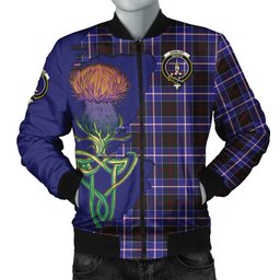 Scottish Dunlop Modern Tartan Family Crest with Thistle and Scotland Map Tartan Plaid Bomber Jacket Scottish Plaid Tartan Plaid - ScotsTee - scotstee.com
