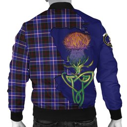 Scottish Dunlop Modern Tartan Family Crest with Thistle and Scotland Map Tartan Plaid Bomber Jacket Scottish Plaid Tartan Plaid - ScotsTee - scotstee.com