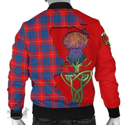 Scottish Galloway Red Tartan Family Crest with Thistle and Scotland Map Tartan Plaid Bomber Jacket Scottish Plaid Tartan Plaid - ScotsTee - scotstee.com