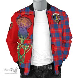 Scottish Galloway Red Tartan Family Crest with Thistle and Scotland Map Tartan Plaid Bomber Jacket Scottish Plaid Tartan Plaid - ScotsTee - scotstee.com