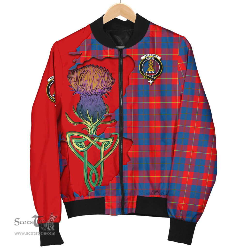 Scottish Galloway Red Tartan Family Crest with Thistle and Scotland Map Tartan Plaid Bomber Jacket Scottish Plaid Tartan Plaid - ScotsTee - scotstee.com