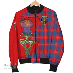 Scottish Galloway Red Tartan Family Crest with Thistle and Scotland Map Tartan Plaid Bomber Jacket Scottish Plaid Tartan Plaid - ScotsTee - scotstee.com