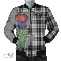 Scottish Erskine Black and White Tartan Family Crest with Thistle and Scotland Map Tartan Plaid Bomber Jacket Scottish Plaid Tartan Plaid - ScotsTee - scotstee.com