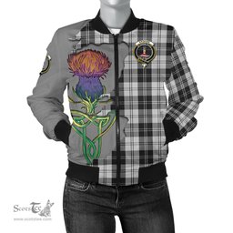 Scottish Erskine Black and White Tartan Family Crest with Thistle and Scotland Map Tartan Plaid Bomber Jacket Scottish Plaid Tartan Plaid - ScotsTee - scotstee.com