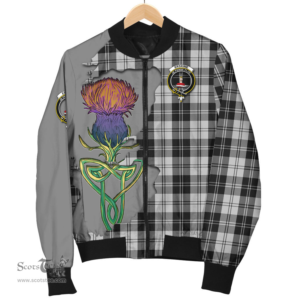 Scottish Erskine Black and White Tartan Family Crest with Thistle and Scotland Map Tartan Plaid Bomber Jacket Scottish Plaid Tartan Plaid - ScotsTee - scotstee.com