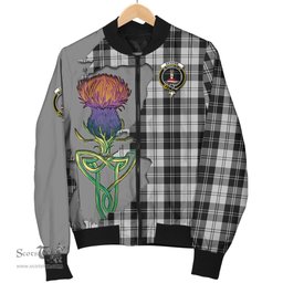 Scottish Erskine Black and White Tartan Family Crest with Thistle and Scotland Map Tartan Plaid Bomber Jacket Scottish Plaid Tartan Plaid - ScotsTee - scotstee.com