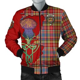 Scottish Drummond of Strathallan Modern Tartan Family Crest with Thistle and Scotland Map Tartan Plaid Bomber Jacket Scottish Plaid Tartan Plaid - ScotsTee - scotstee.com