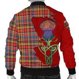 Scottish Drummond of Strathallan Modern Tartan Family Crest with Thistle and Scotland Map Tartan Plaid Bomber Jacket Scottish Plaid Tartan Plaid - ScotsTee - scotstee.com