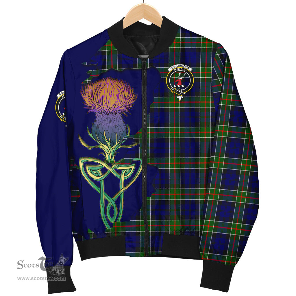 Scottish Colquhoun Modern Tartan Family Crest with Thistle and Scotland Map Tartan Plaid Bomber Jacket Scottish Plaid Tartan Plaid - ScotsTee - scotstee.com