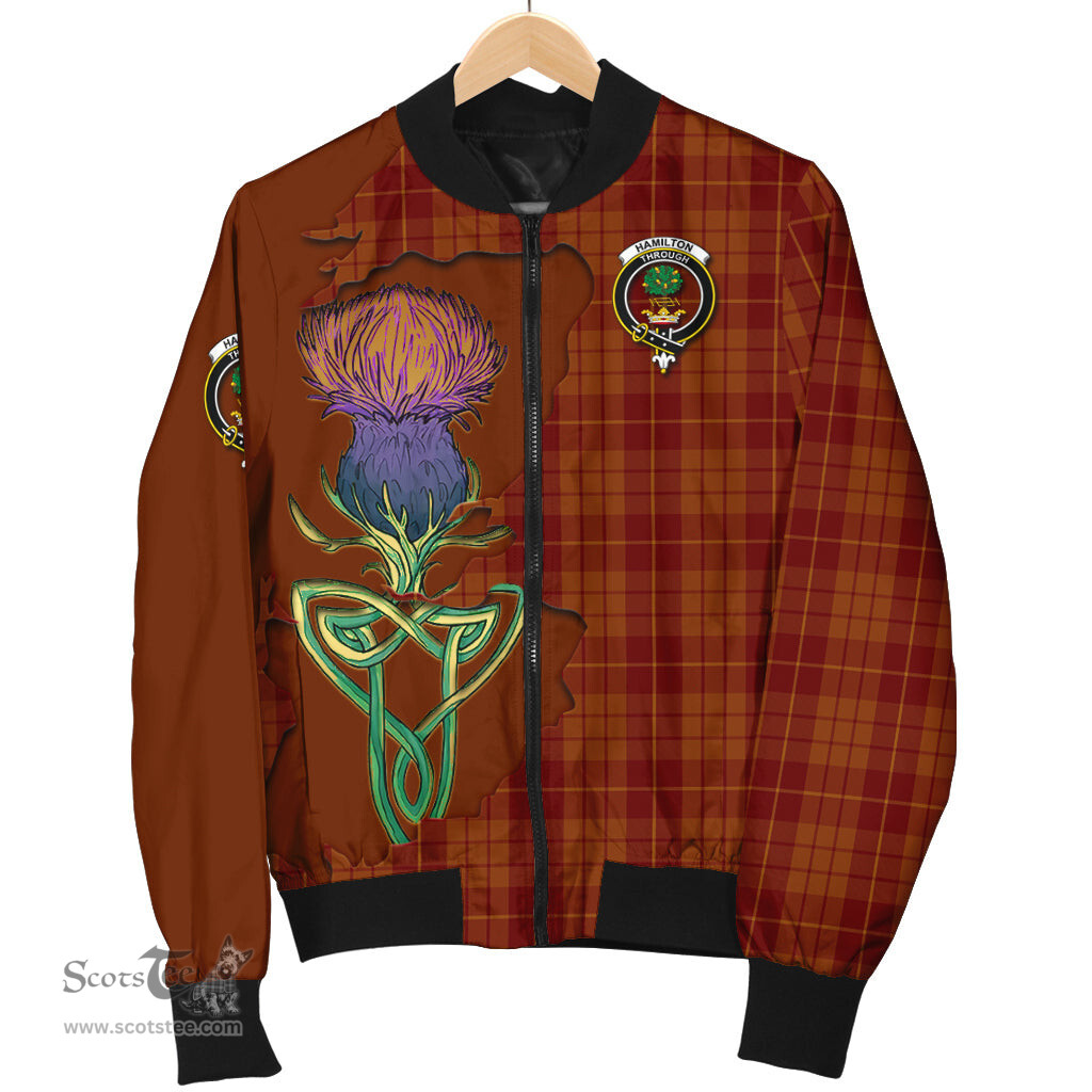 Scottish Hamilton Red Tartan Family Crest with Thistle and Scotland Map Tartan Plaid Bomber Jacket Scottish Plaid Tartan Plaid - ScotsTee - scotstee.com