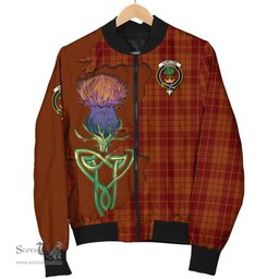 Scottish Hamilton Red Tartan Family Crest with Thistle and Scotland Map Tartan Plaid Bomber Jacket Scottish Plaid Tartan Plaid - ScotsTee - scotstee.com