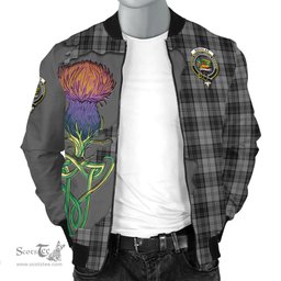 Scottish Douglas Grey Tartan Family Crest with Thistle and Scotland Map Tartan Plaid Bomber Jacket Scottish Plaid Tartan Plaid - ScotsTee - scotstee.com