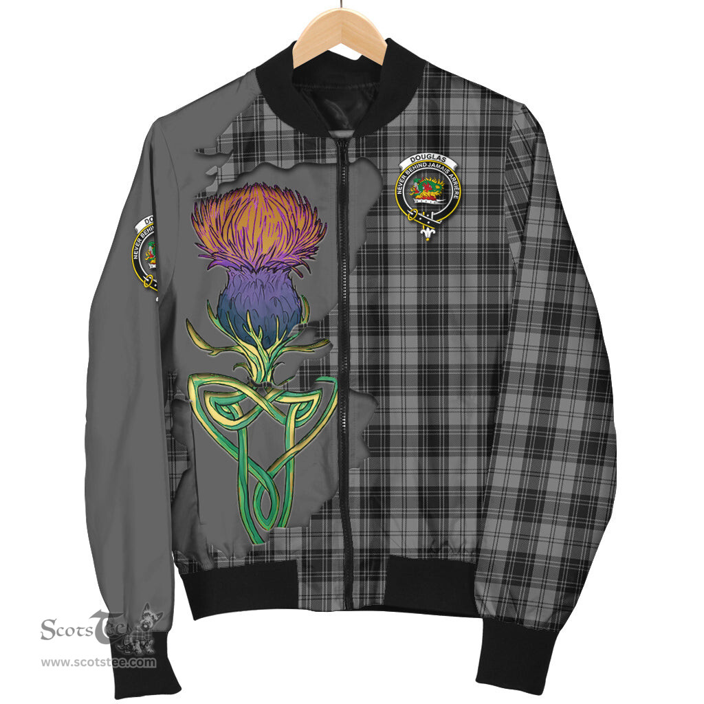 Scottish Douglas Grey Tartan Family Crest with Thistle and Scotland Map Tartan Plaid Bomber Jacket Scottish Plaid Tartan Plaid - ScotsTee - scotstee.com