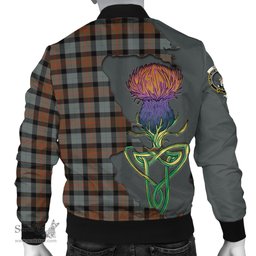 Scottish Gunn Weathered Tartan Family Crest with Thistle and Scotland Map Tartan Plaid Bomber Jacket Scottish Plaid Tartan Plaid - ScotsTee - scotstee.com