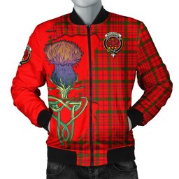 Scottish MacDonell of Keppoch Modern Tartan Family Crest with Thistle and Scotland Map Tartan Plaid Bomber Jacket Scottish Plaid Tartan Plaid - ScotsTee - scotstee.com