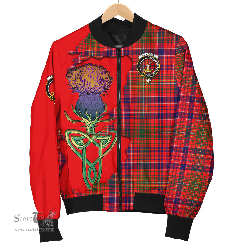Scottish Lumsden Modern Tartan Family Crest with Thistle and Scotland Map Tartan Plaid Bomber Jacket Scottish Plaid Tartan Plaid - ScotsTee - scotstee.com