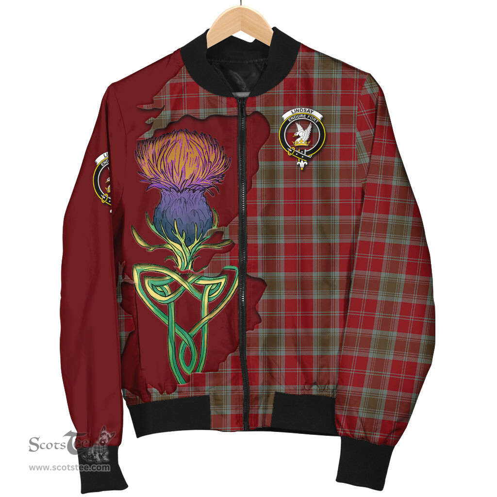 Scottish Lindsay Weathered Tartan Family Crest with Thistle and Scotland Map Tartan Plaid Bomber Jacket Scottish Plaid Tartan Plaid - ScotsTee - scotstee.com