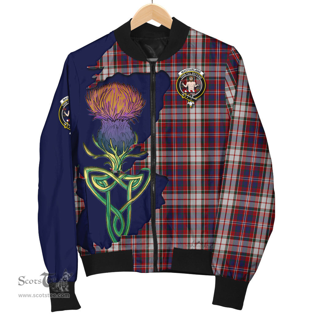 Scottish MacFarlane Dress Tartan Family Crest with Thistle and Scotland Map Tartan Plaid Bomber Jacket Scottish Plaid Tartan Plaid - ScotsTee - scotstee.com
