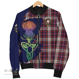 Scottish MacFarlane Dress Tartan Family Crest with Thistle and Scotland Map Tartan Plaid Bomber Jacket Scottish Plaid Tartan Plaid - ScotsTee - scotstee.com