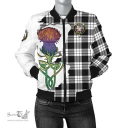 Scottish MacFarlane Black White Tartan Family Crest with Thistle and Scotland Map Tartan Plaid Bomber Jacket Scottish Plaid Tartan Plaid - ScotsTee - scotstee.com