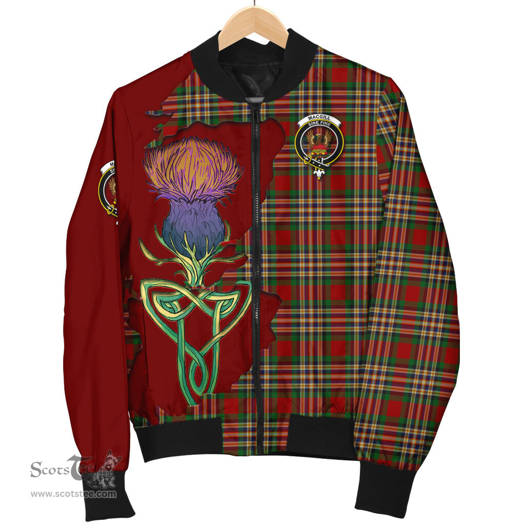 Scottish MacGill Tartan Family Crest with Thistle and Scotland Map Tartan Plaid Bomber Jacket Scottish Plaid Tartan Plaid - ScotsTee - scotstee.com