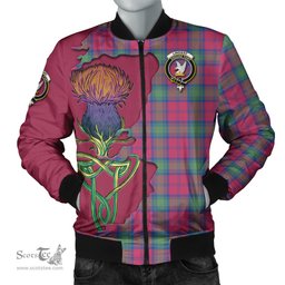 Scottish Lindsay Ancient Tartan Family Crest with Thistle and Scotland Map Tartan Plaid Bomber Jacket Scottish Plaid Tartan Plaid - ScotsTee - scotstee.com