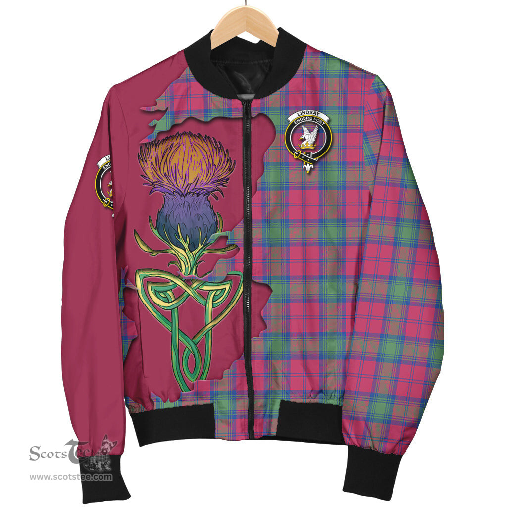 Scottish Lindsay Ancient Tartan Family Crest with Thistle and Scotland Map Tartan Plaid Bomber Jacket Scottish Plaid Tartan Plaid - ScotsTee - scotstee.com