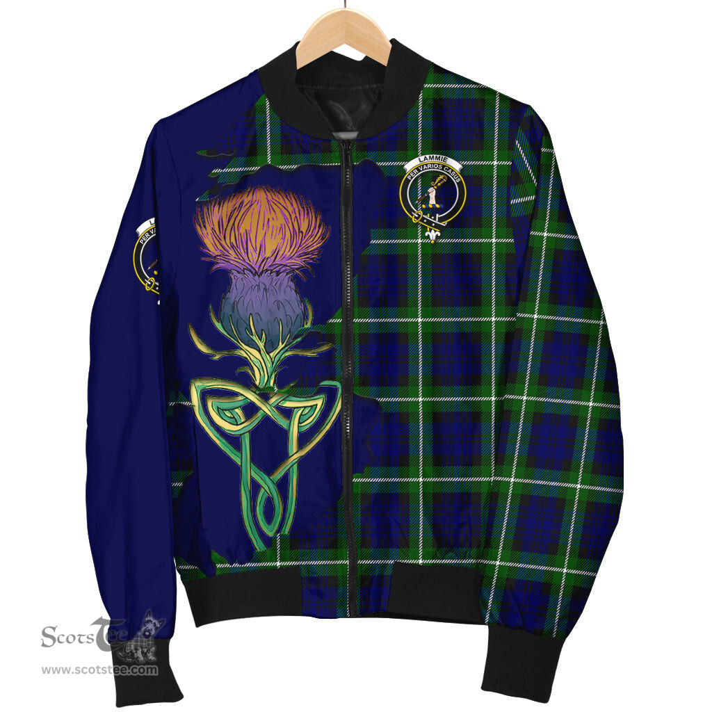 Scottish Lammie Tartan Family Crest with Thistle and Scotland Map Tartan Plaid Bomber Jacket Scottish Plaid Tartan Plaid - ScotsTee - scotstee.com