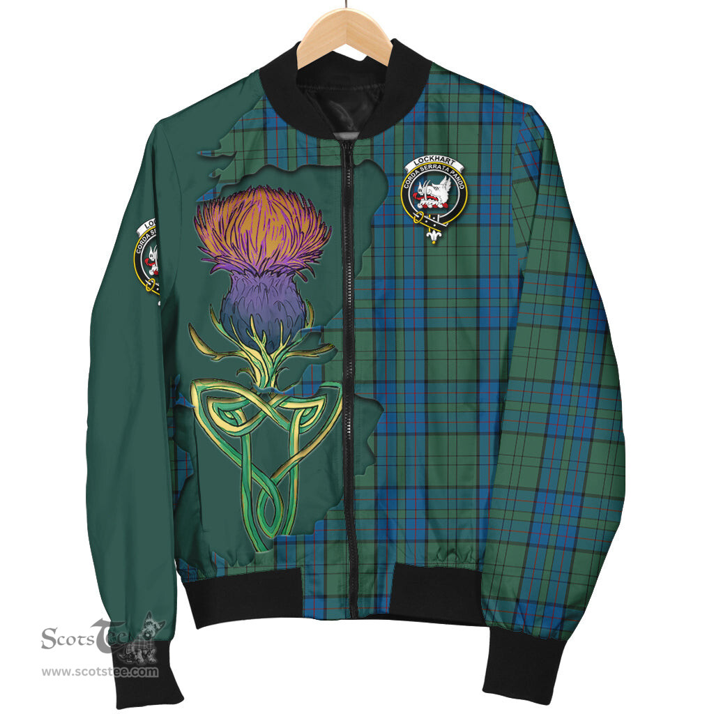 Scottish Lockhart Tartan Family Crest with Thistle and Scotland Map Tartan Plaid Bomber Jacket Scottish Plaid Tartan Plaid - ScotsTee - scotstee.com