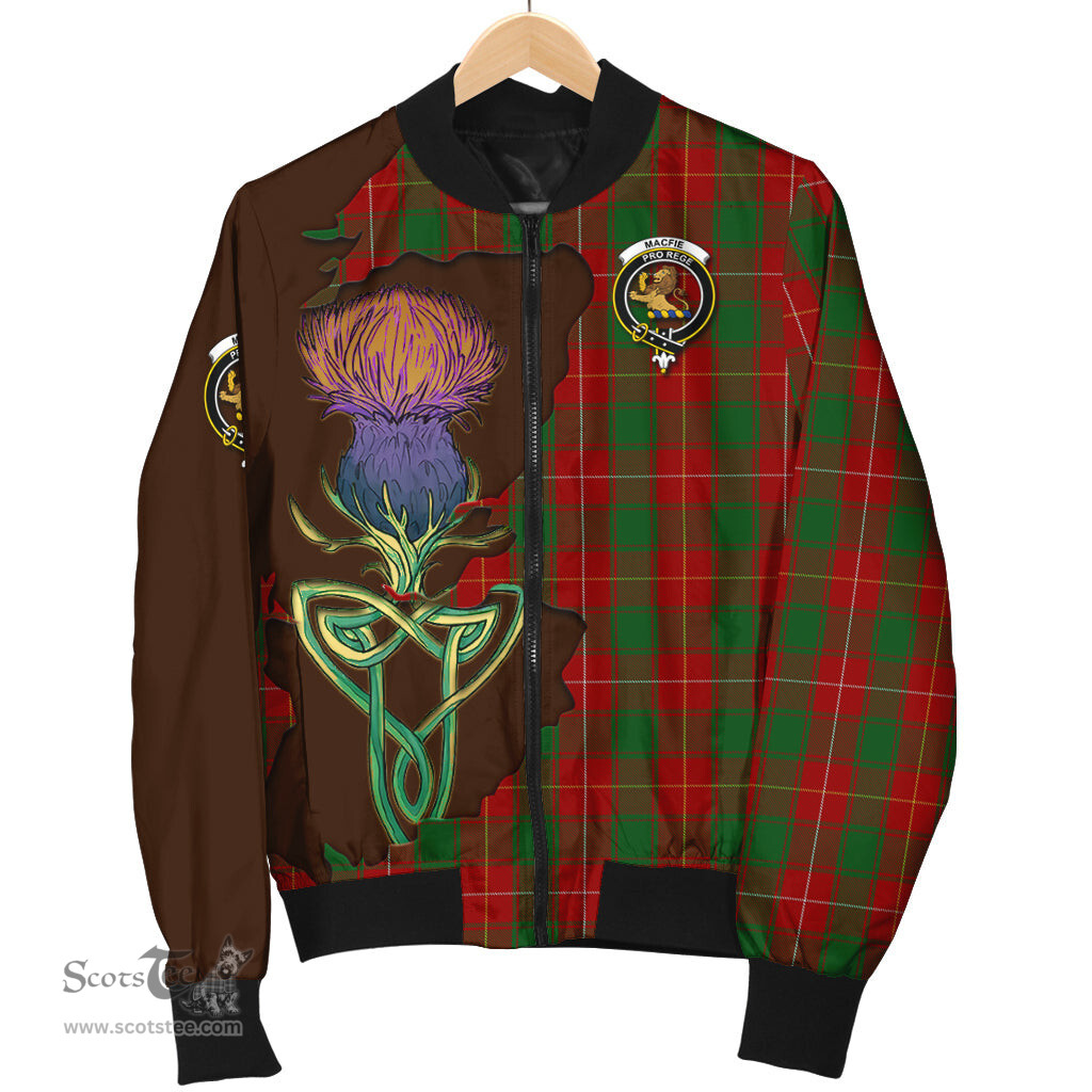 Scottish MacFie Tartan Family Crest with Thistle and Scotland Map Tartan Plaid Bomber Jacket Scottish Plaid Tartan Plaid - ScotsTee - scotstee.com