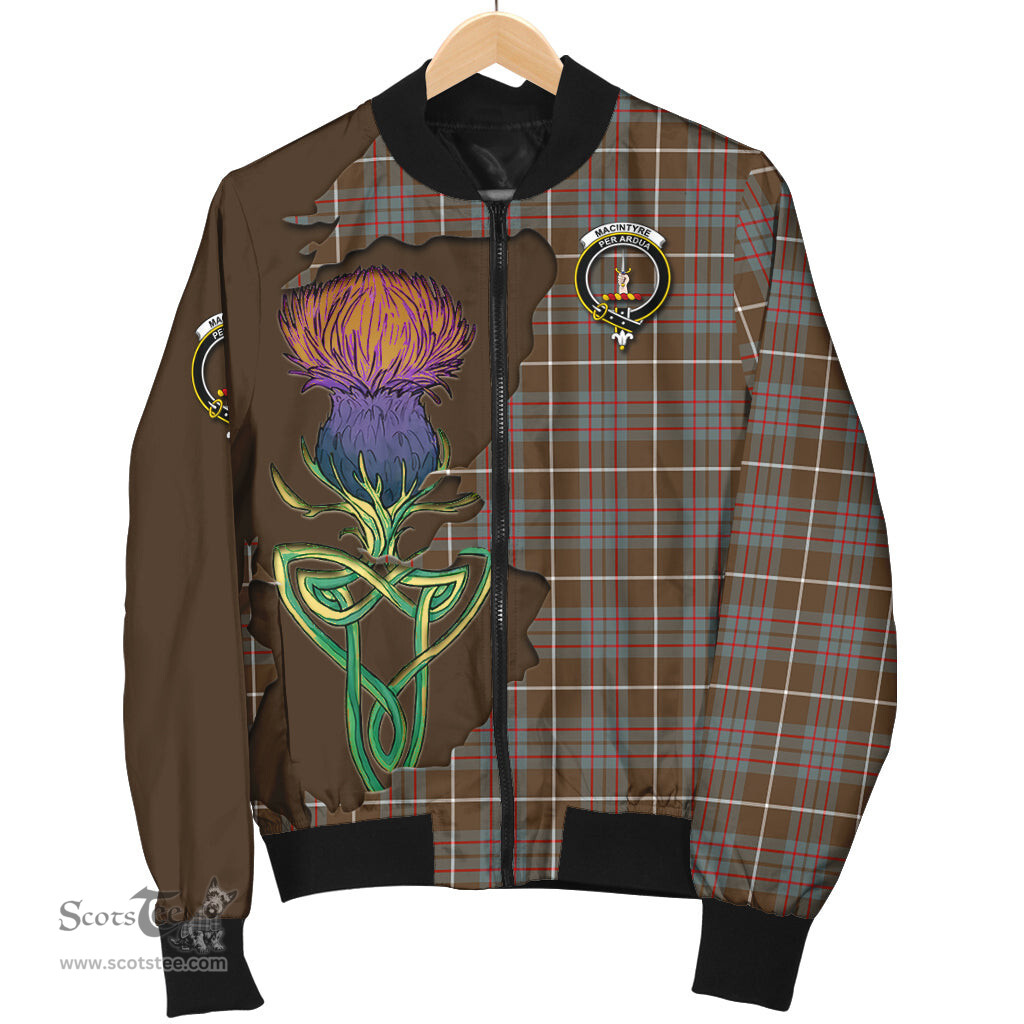 Scottish MacIntyre Hunting Weathered Tartan Family Crest with Thistle and Scotland Map Tartan Plaid Bomber Jacket Scottish Plaid Tartan Plaid - ScotsTee - scotstee.com