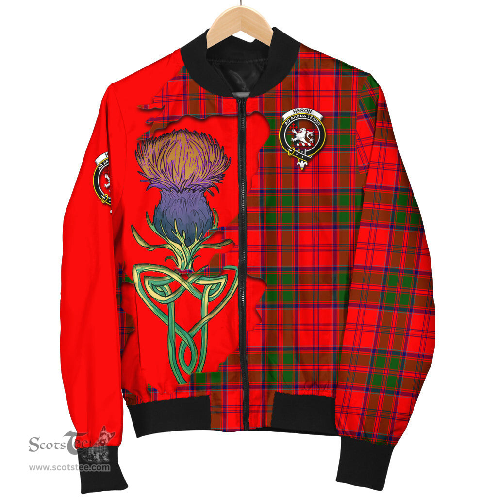 Scottish Heron Tartan Family Crest with Thistle and Scotland Map Tartan Plaid Bomber Jacket Scottish Plaid Tartan Plaid - ScotsTee - scotstee.com